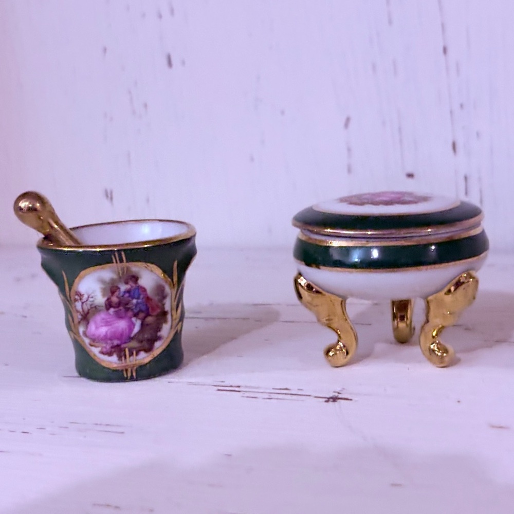 Miniature Footed Lidded Trinket Jewelry Box + Mortar and Pestle Porcelain Dainty